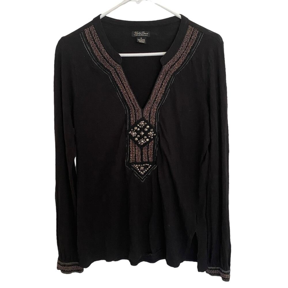 LUCKY BRAND LIVE IN LOVE boho embroidered hobo beaded neck long sleeve blouse M